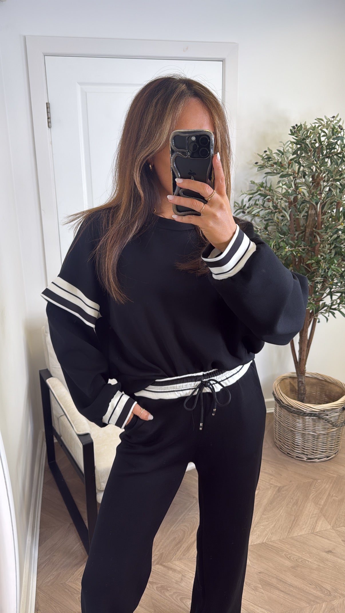 GINA black contrast stripe top and wide leg joggers tracksuit