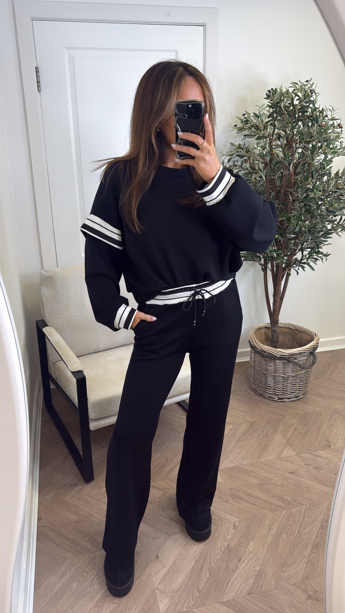 GINA black contrast stripe top and wide leg joggers tracksuit