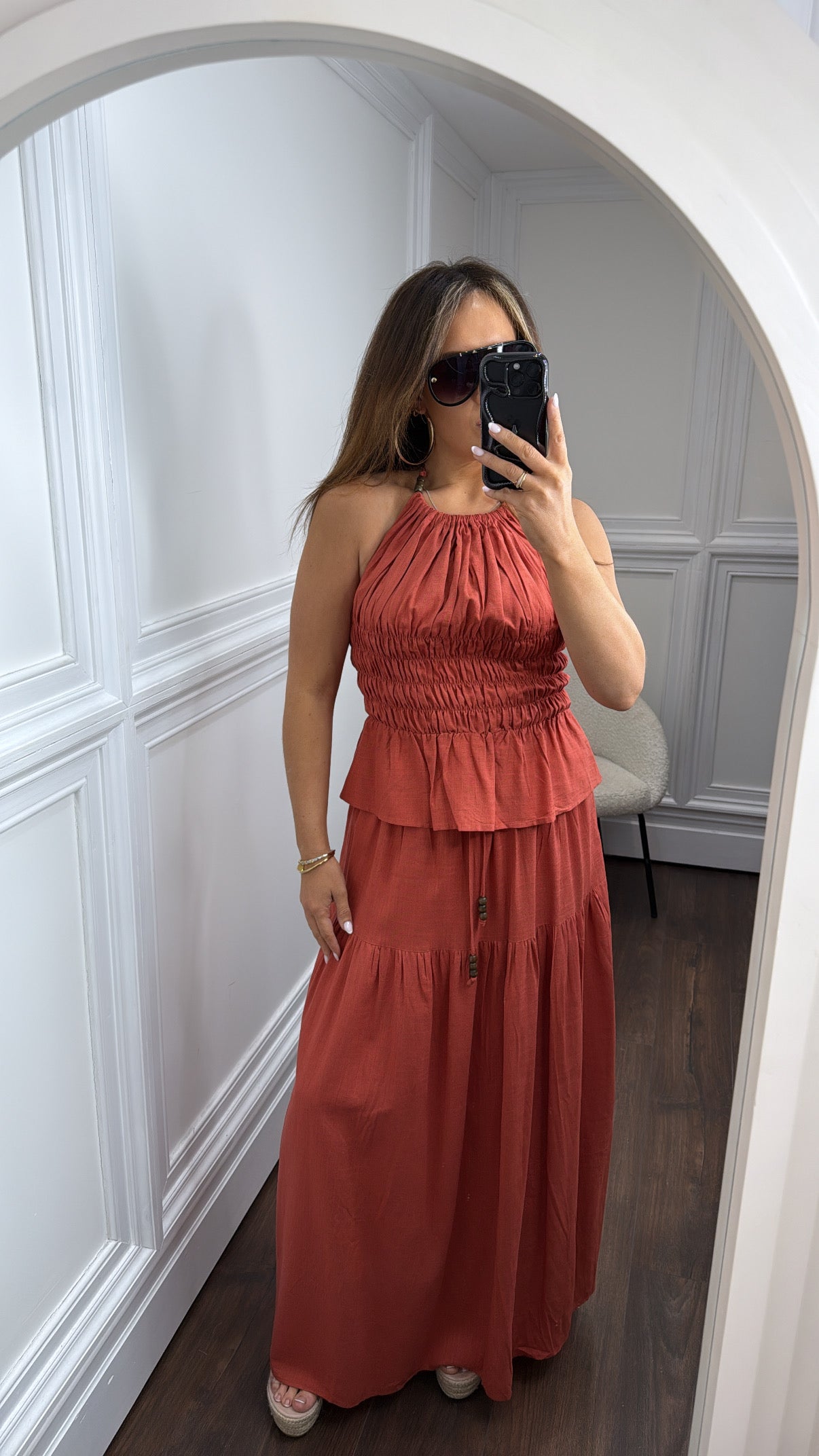 BETSY rust halter neck top and maxi skirt co-ord