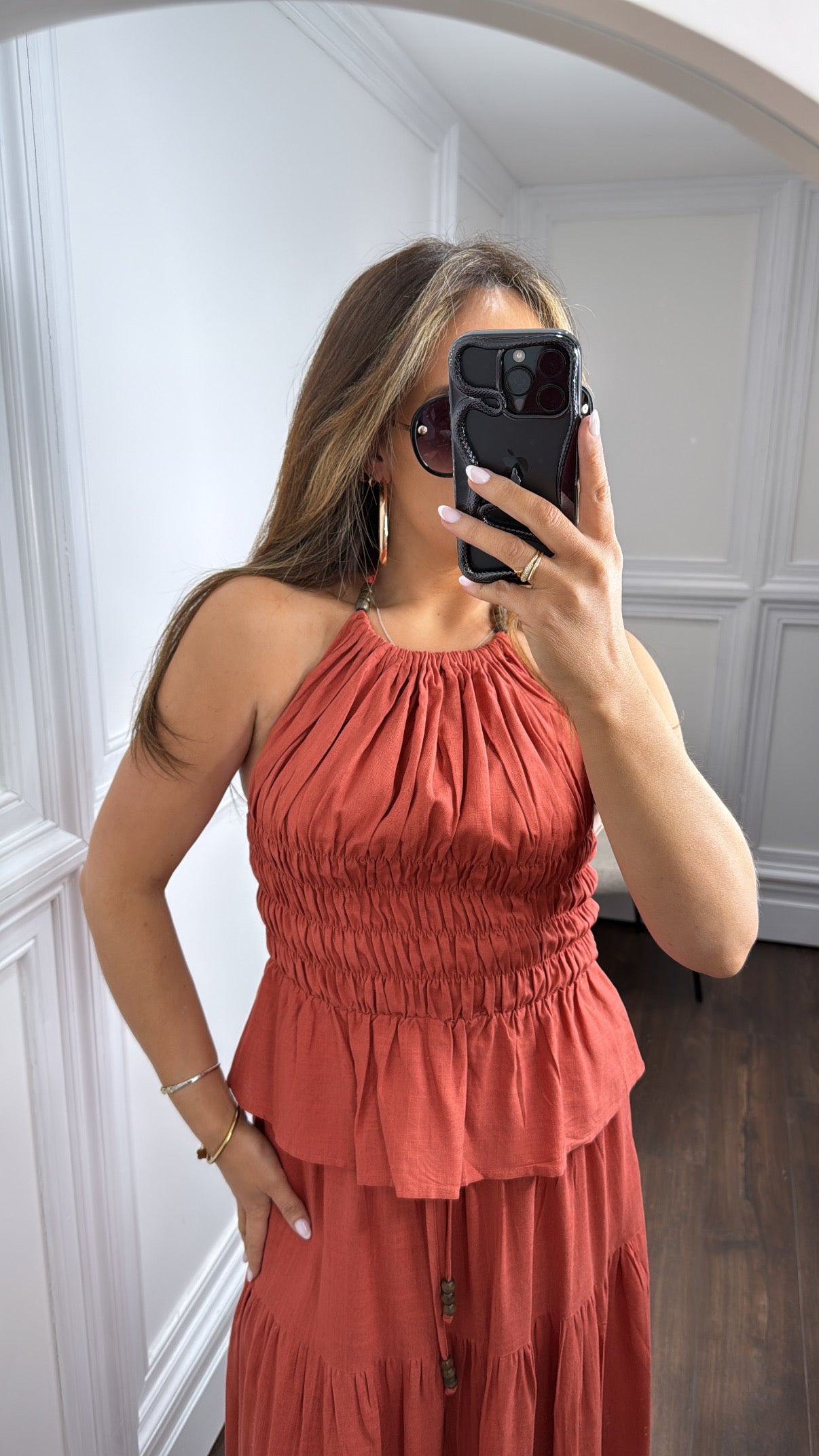 BETSY rust halter neck top and maxi skirt co-ord