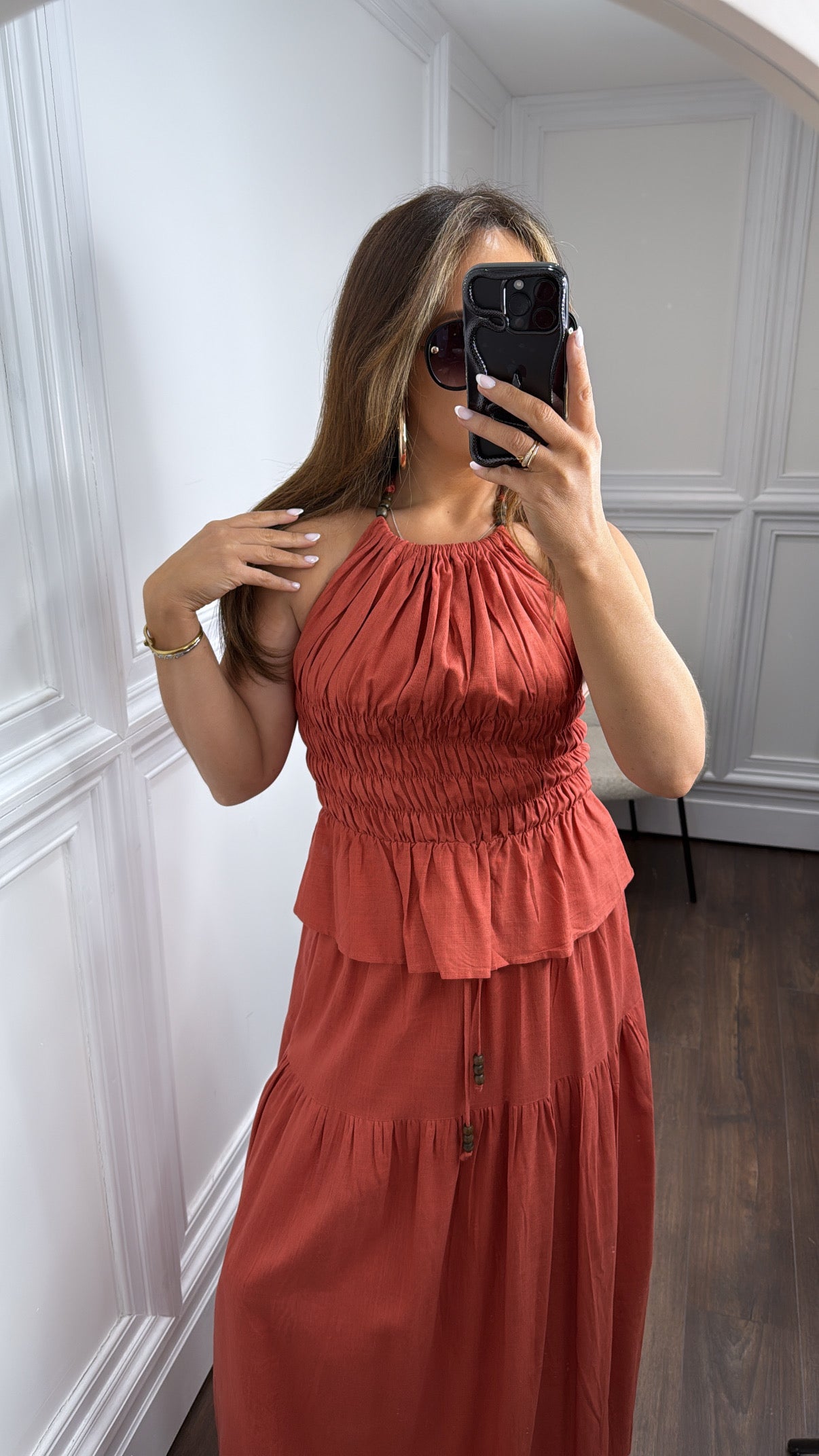 BETSY rust halter neck top and maxi skirt co-ord