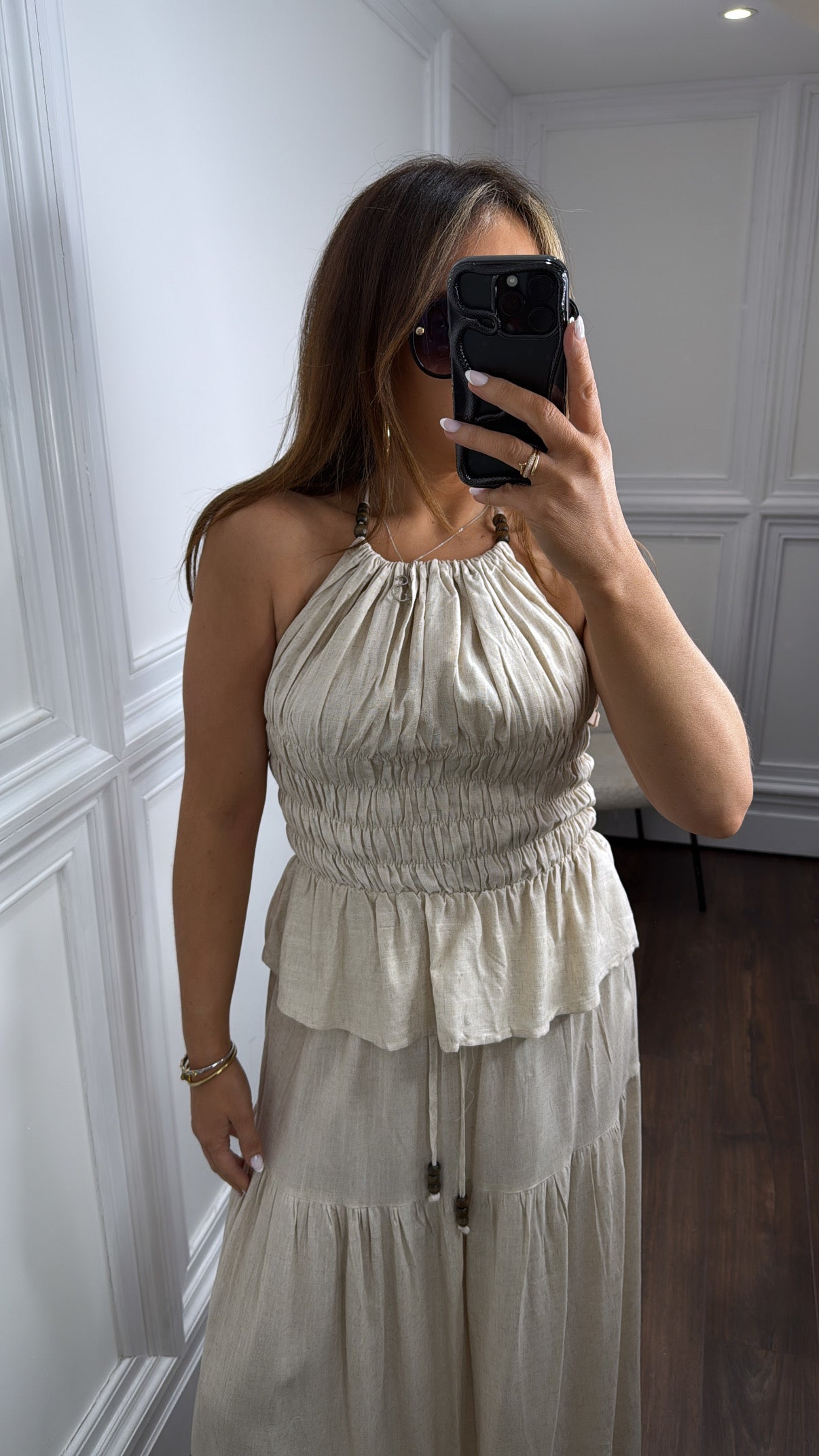 BETSY beige halter neck top and maxi skirt co-ord