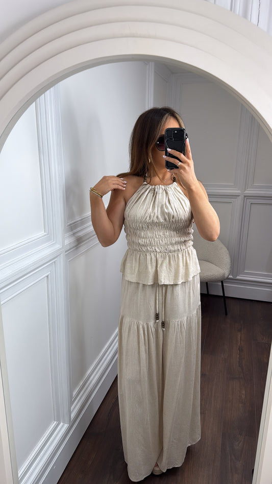 BETSY beige halter neck top and maxi skirt co-ord