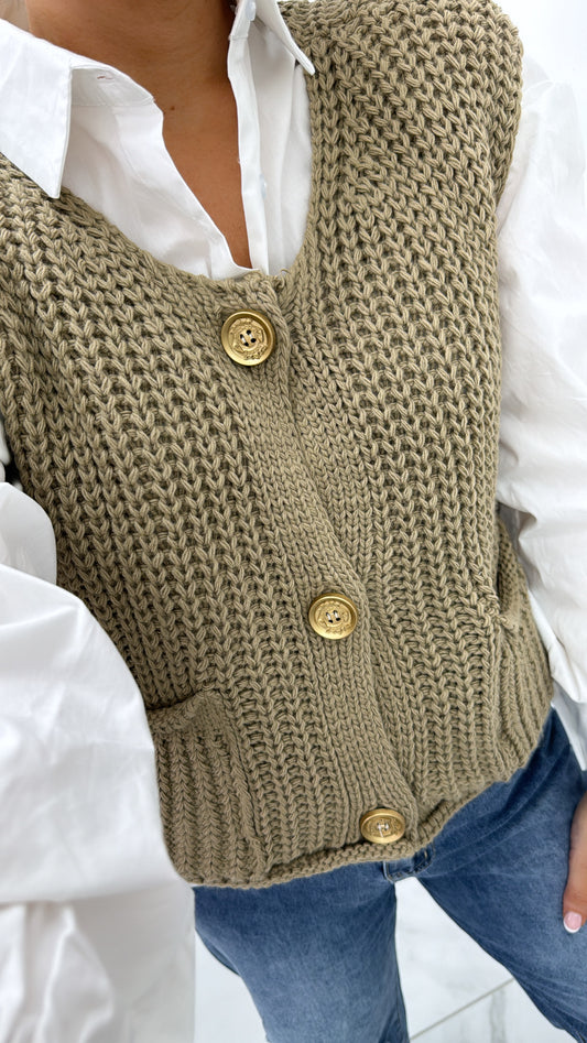 ERICA mocha knitted sleeveless cardigan with gold buttons