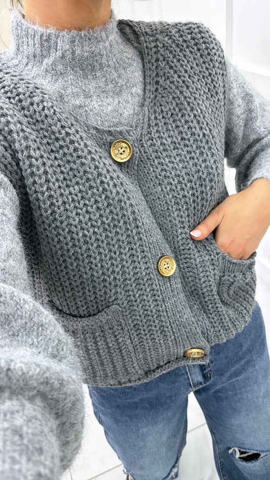 ERICA grey knitted sleeveless cardigan with gold buttons