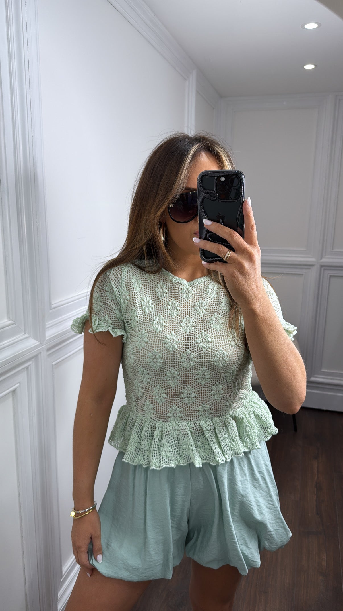 MOLLIE apple green flower detail top