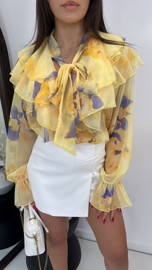 SERINA yellow sheer floral print blouse