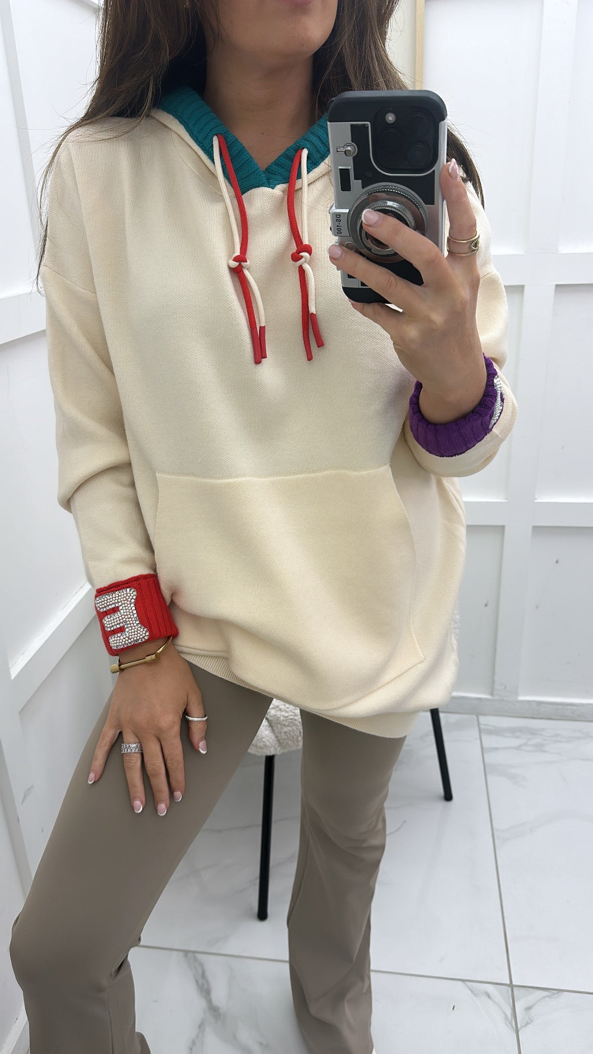 TASHA cream fine knit hoody with contrast colours