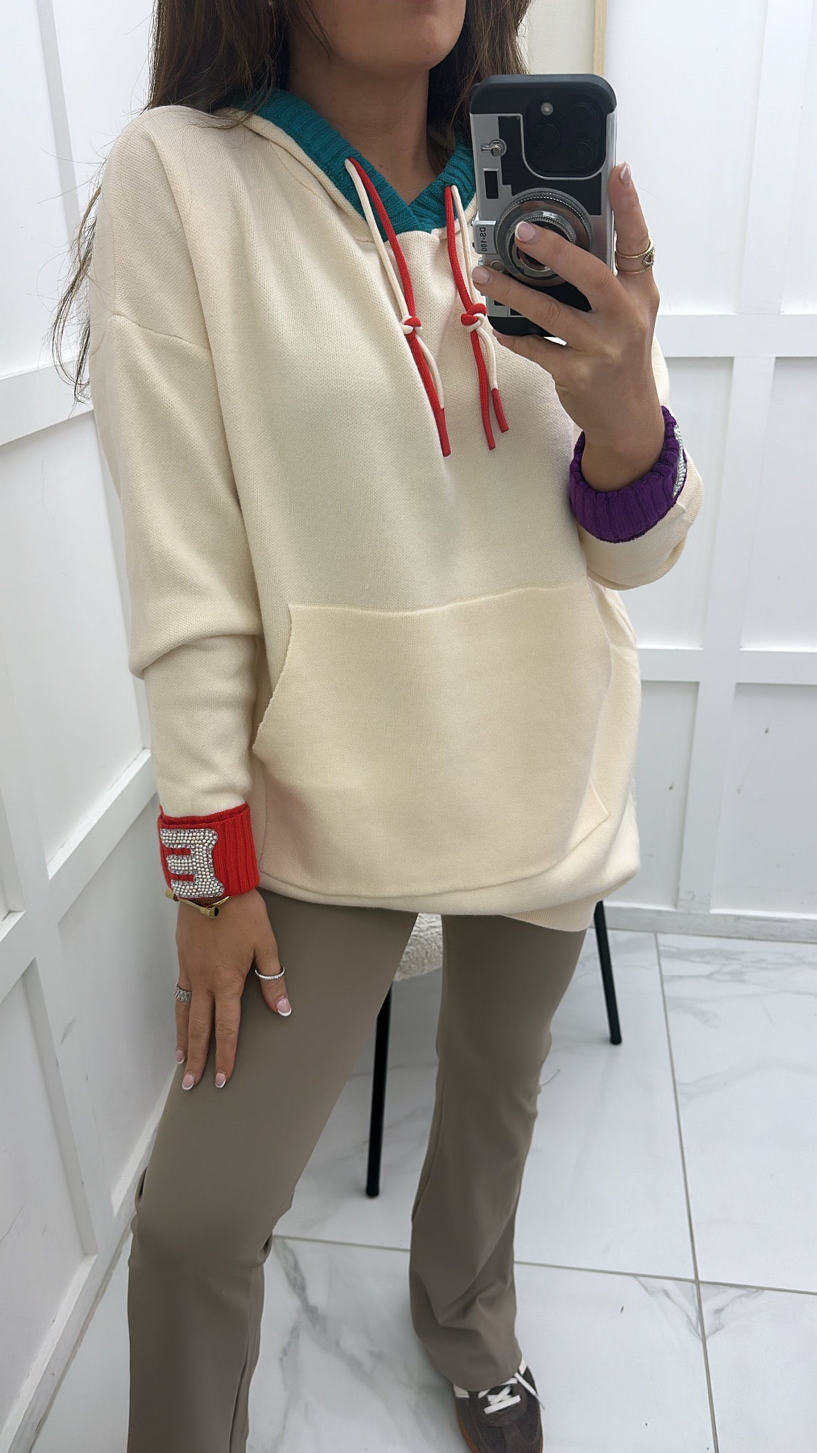 TASHA cream fine knit hoody with contrast colours