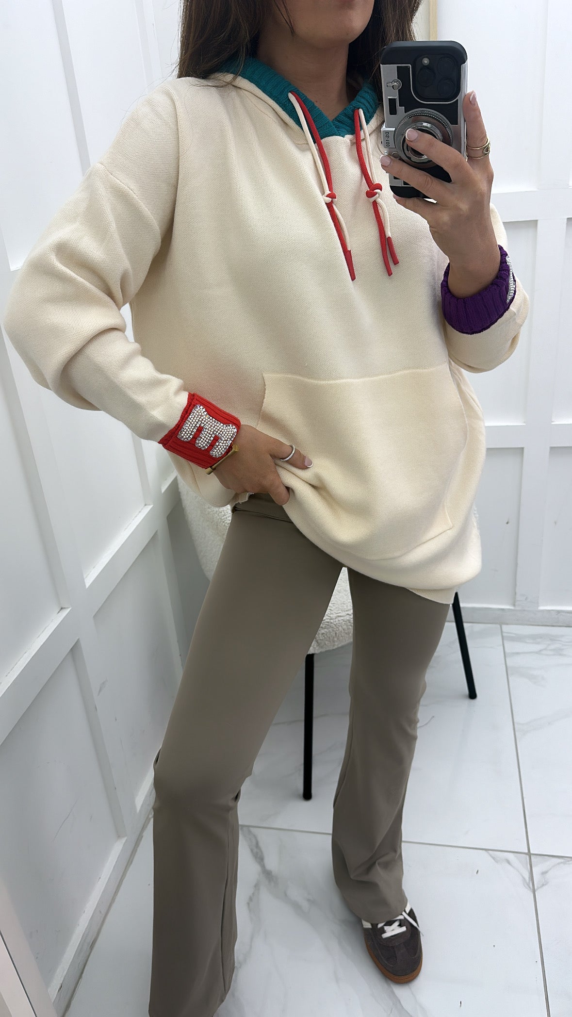 TASHA cream fine knit hoody with contrast colours