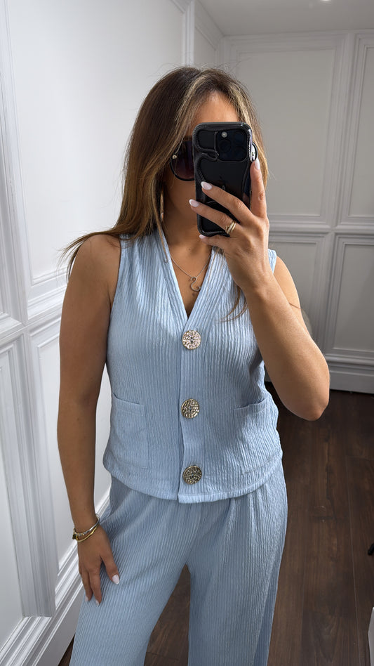 LYNETTE powder blue crepe waist jacket and wide leg co-ord