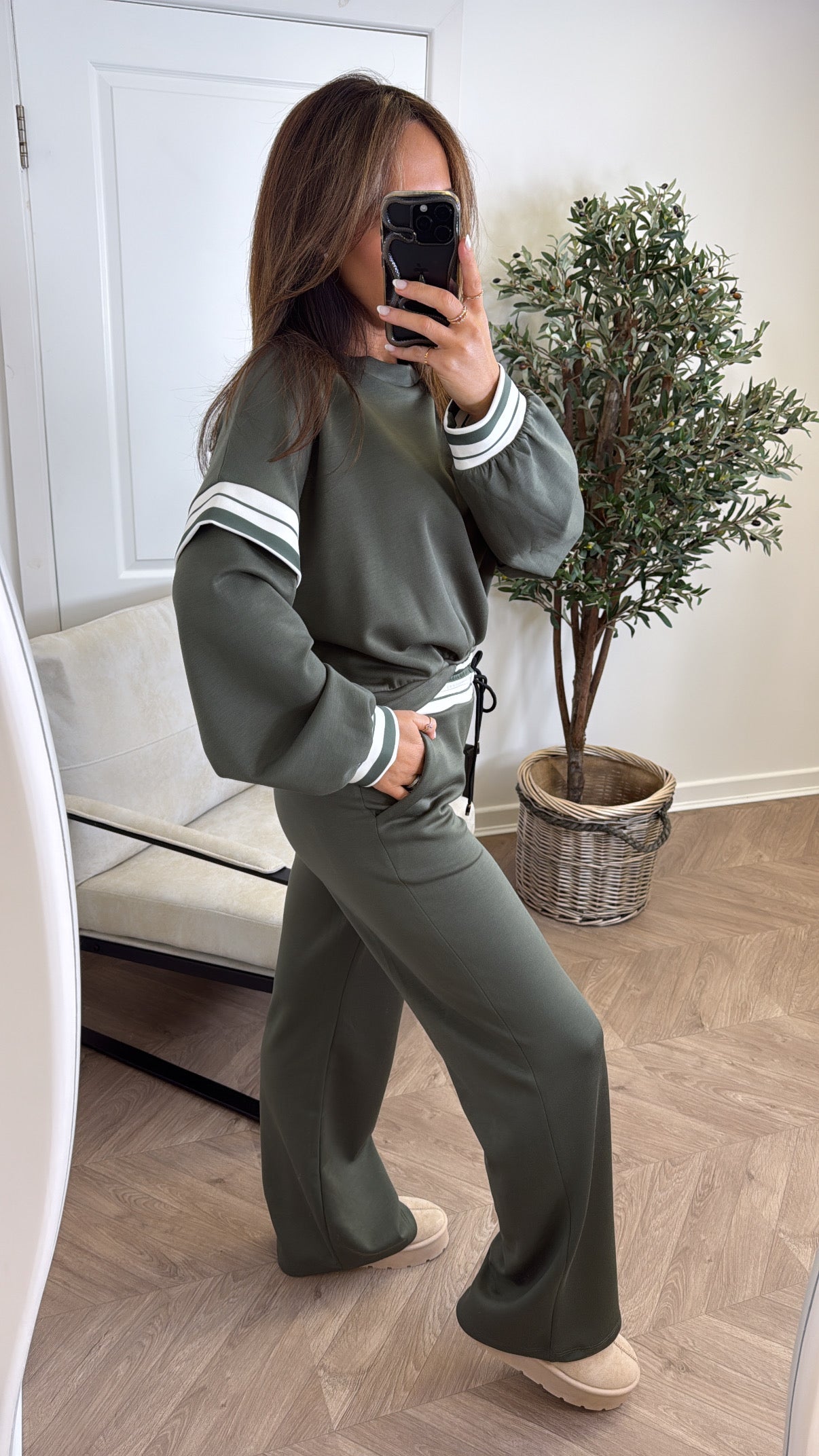 GINA khaki contrast stripe top and wide leg joggers tracksuit