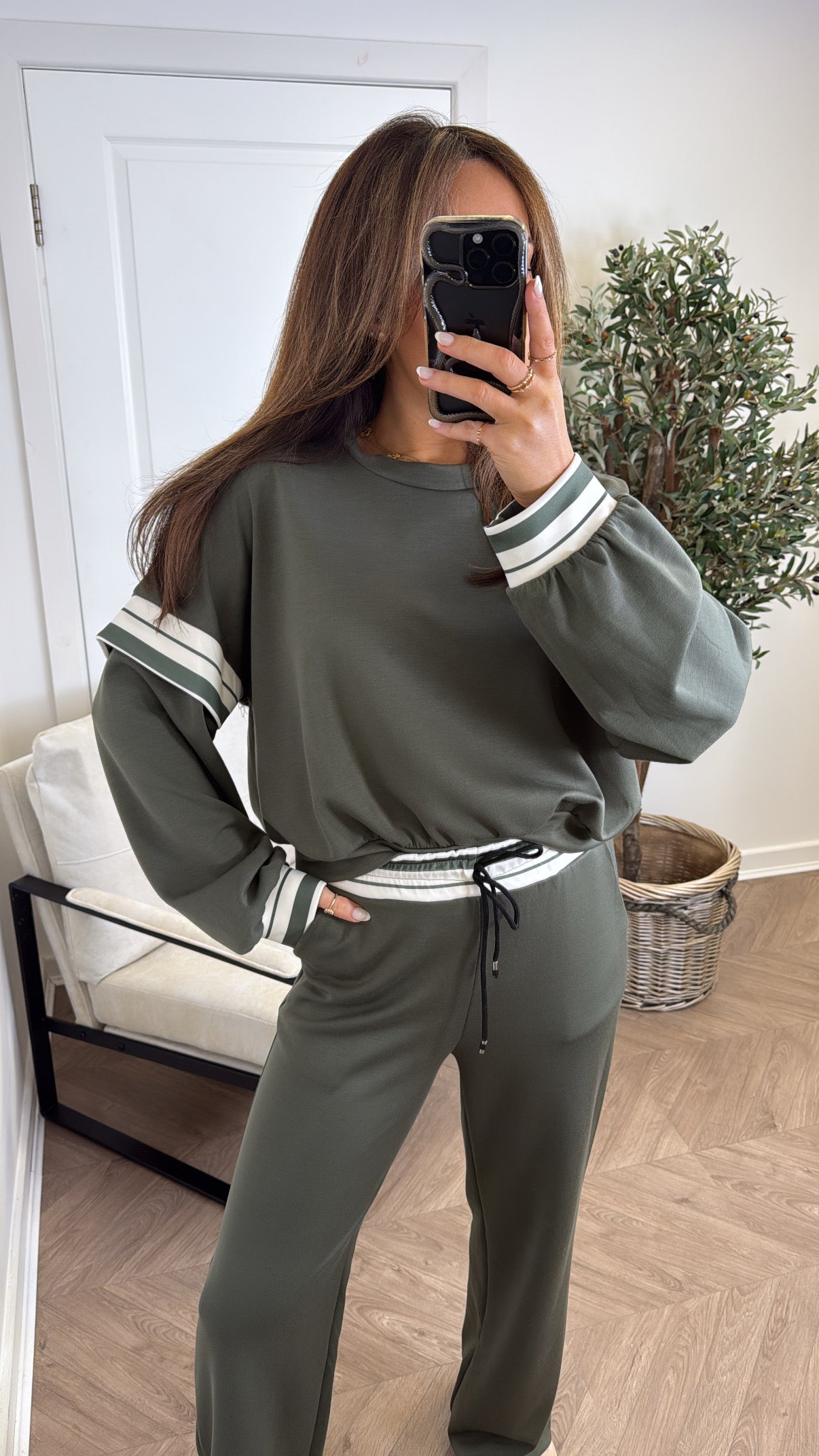 GINA khaki contrast stripe top and wide leg joggers tracksuit