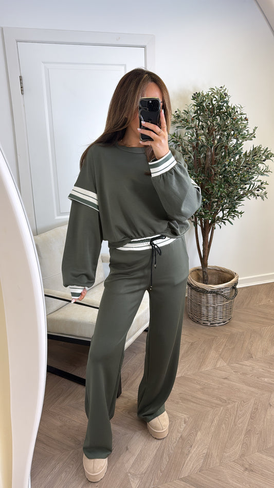 GINA khaki contrast stripe top and wide leg joggers tracksuit