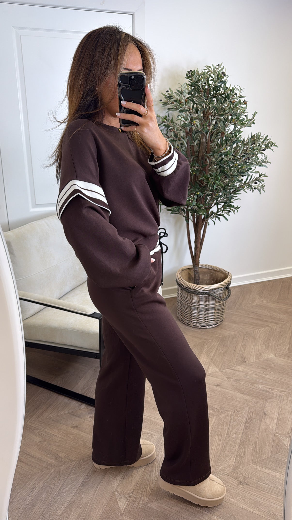 GINA brown contrast stripe top and wide leg joggers tracksuit