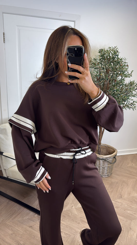 GINA brown contrast stripe top and wide leg joggers tracksuit