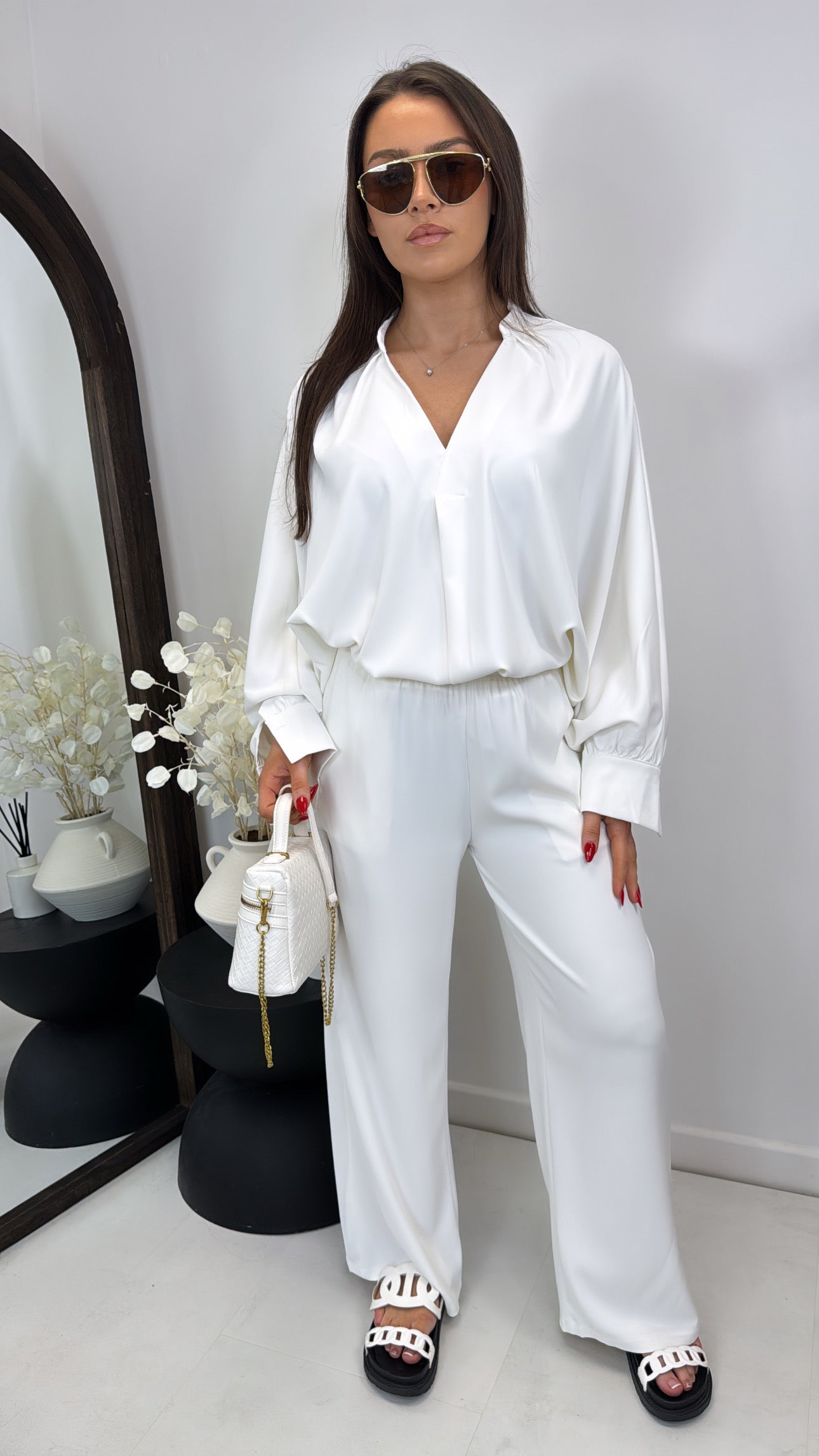 AVRIL white chiffon top and trousers co-ord set