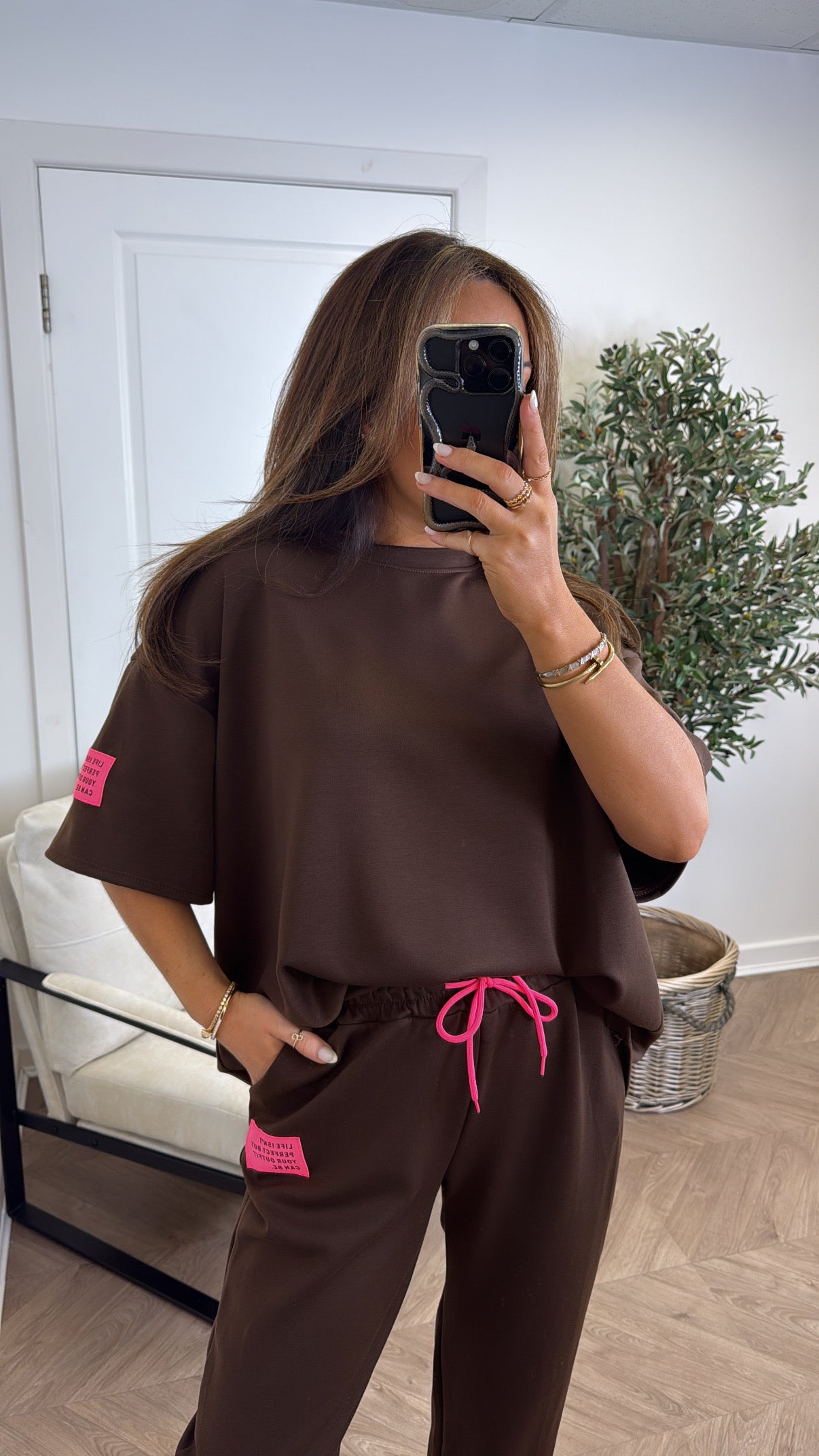 LESSIE dark brown life logo lounge set with cuffed joggers