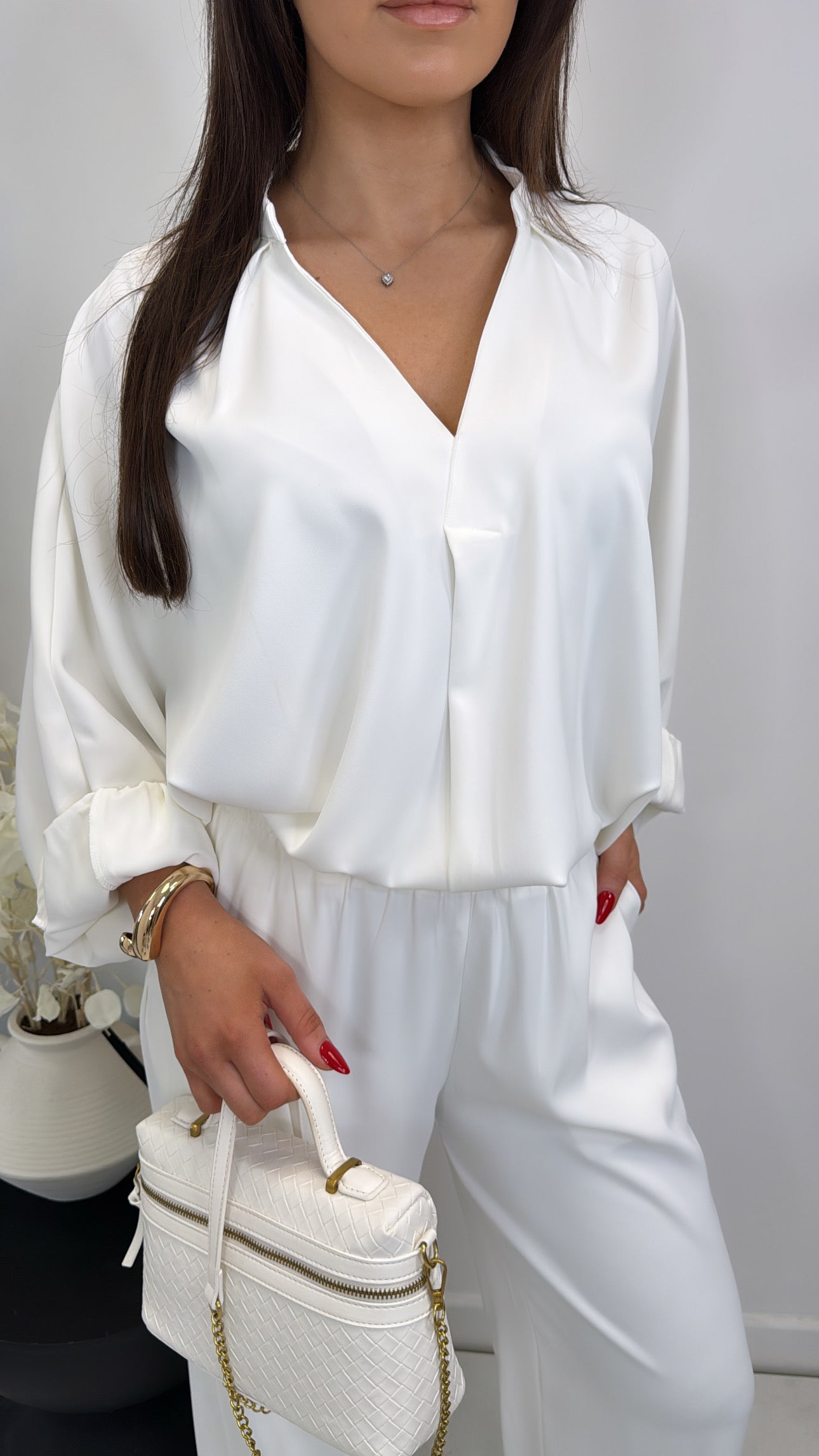 AVRIL white chiffon top and trousers co-ord set