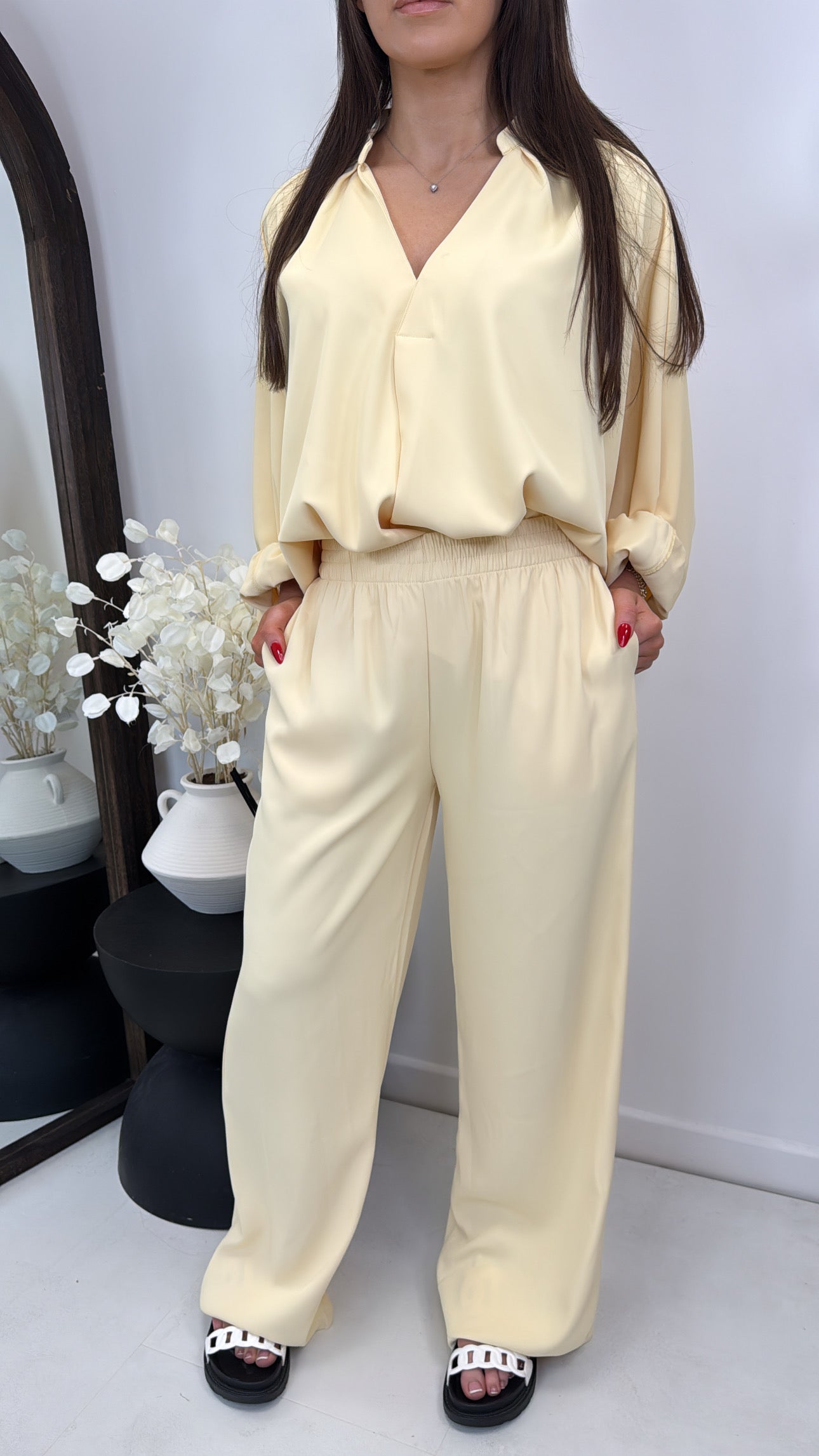 AVRIL lemon chiffon top and trousers co-ord set