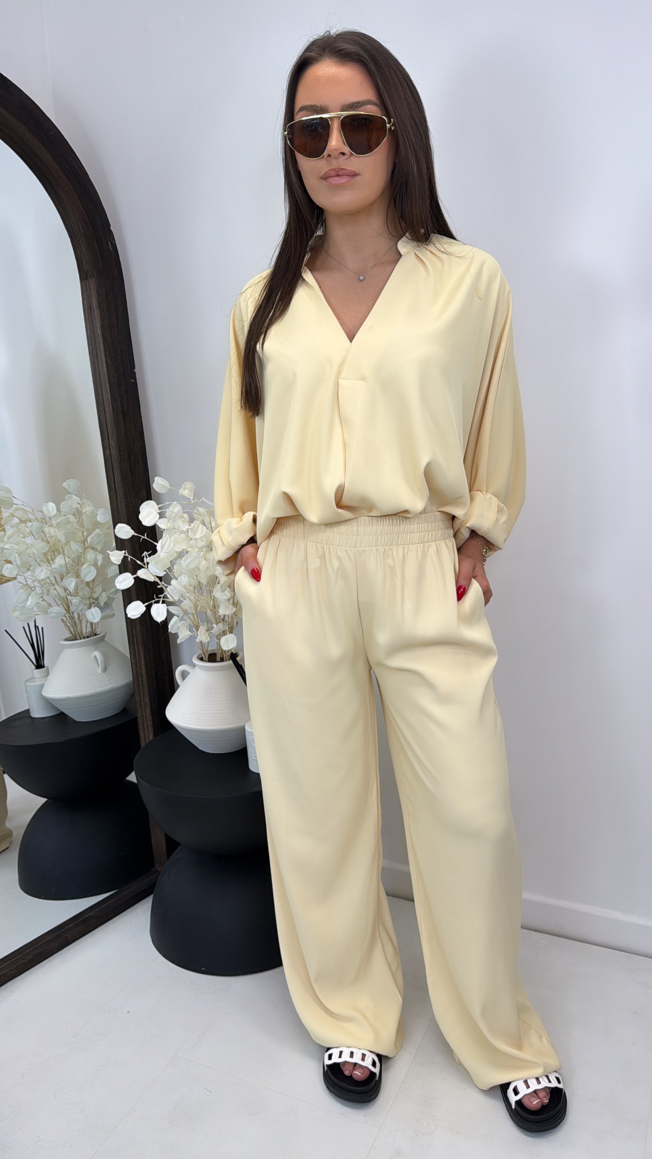 AVRIL lemon chiffon top and trousers co-ord set