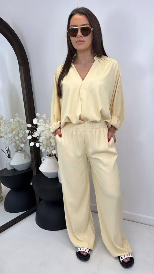 AVRIL lemon chiffon top and trousers co-ord set