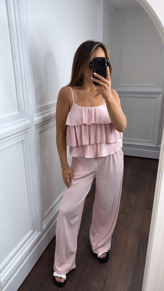 KAYLIN baby pink ruffle cami top and wide leg pant co-ord