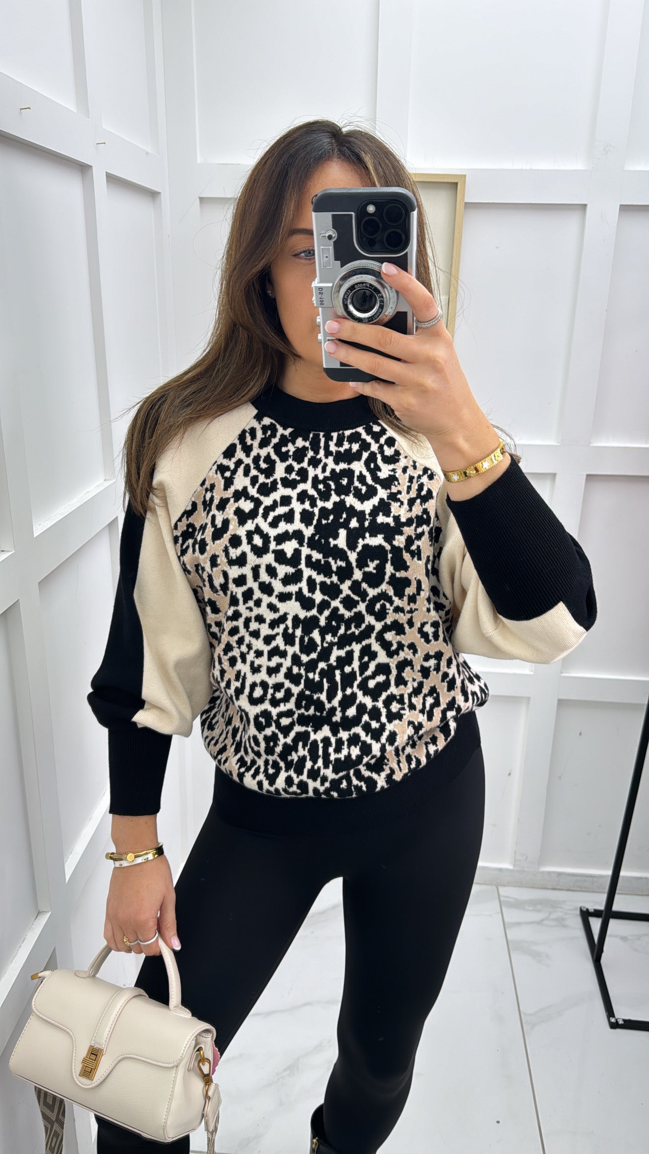 STELLA beige and black leopard print knitted jumper