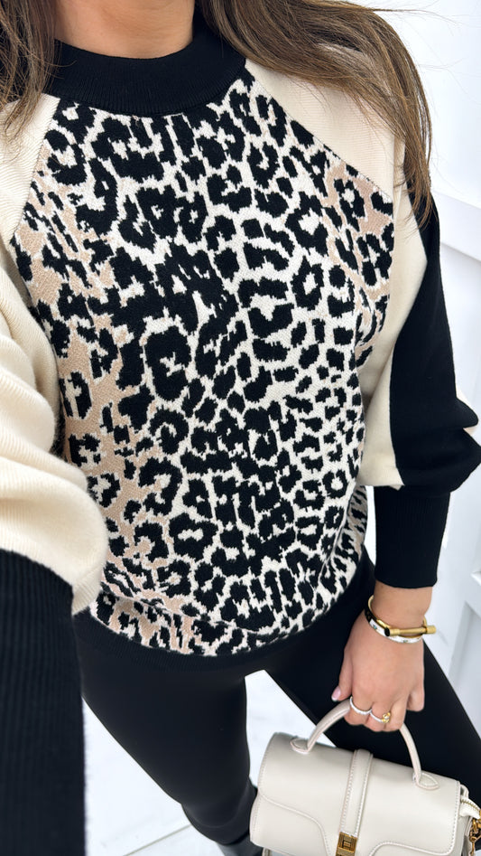 STELLA beige and black leopard print knitted jumper