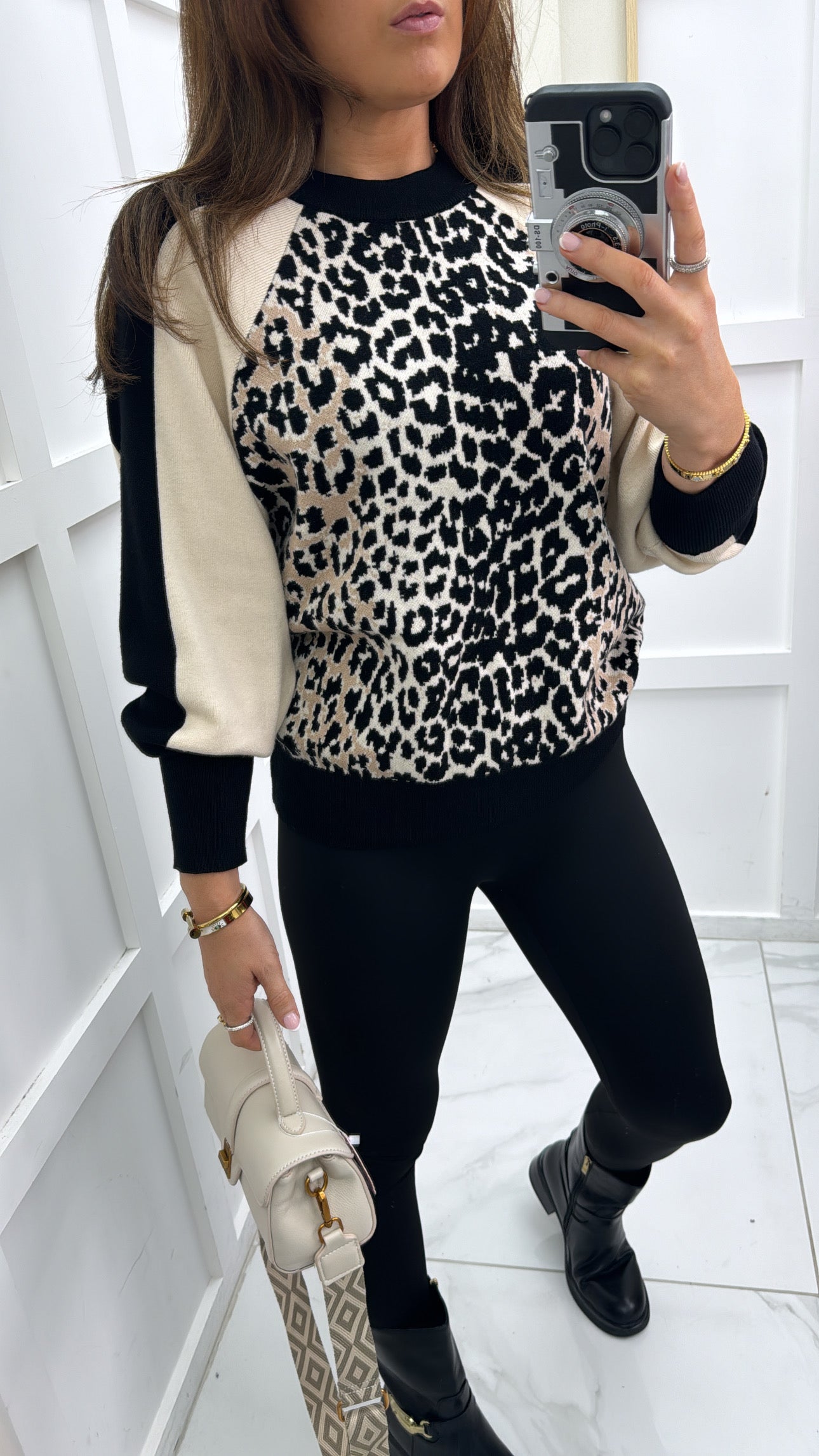 STELLA beige and black leopard print knitted jumper