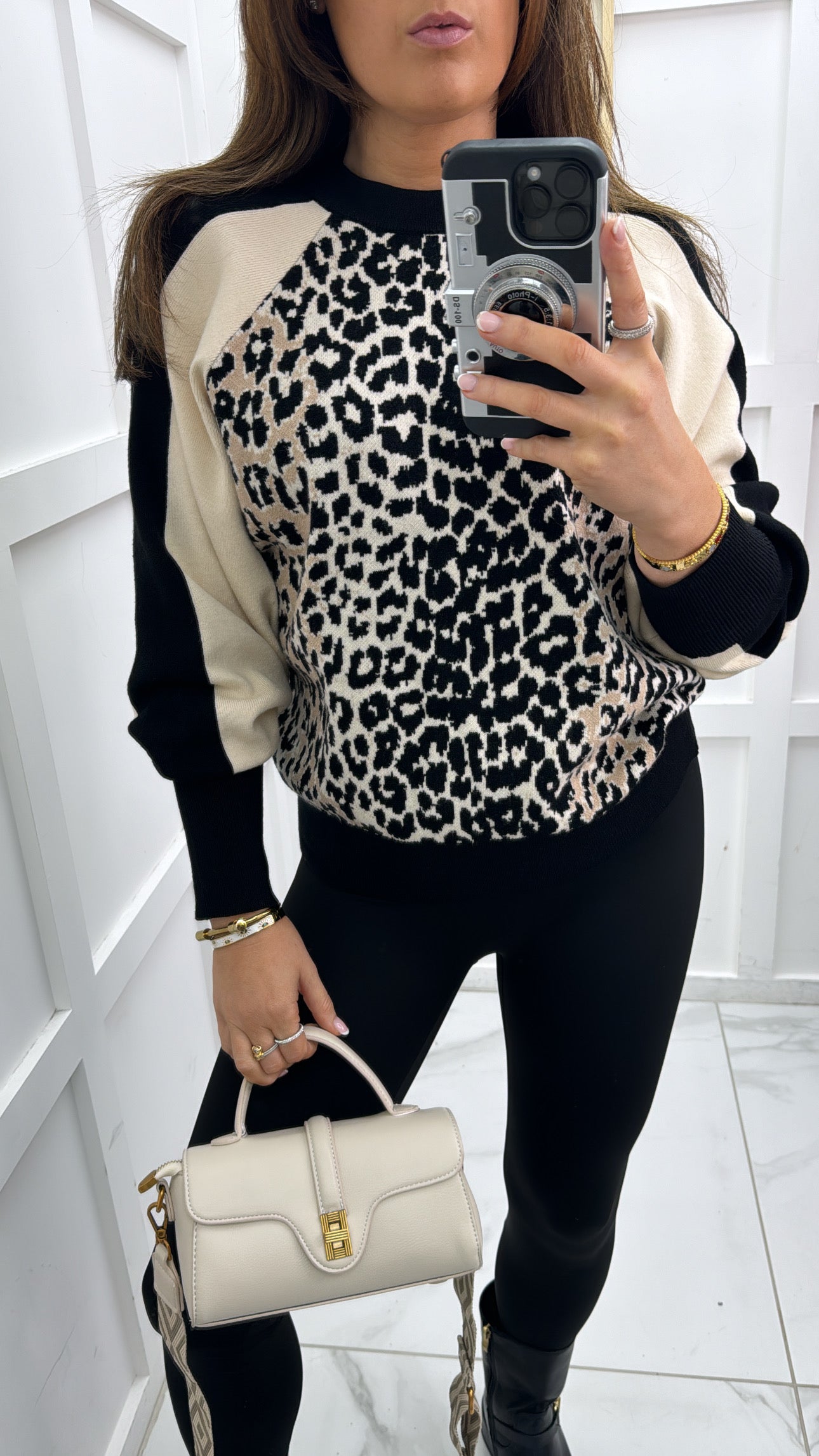 STELLA beige and black leopard print knitted jumper