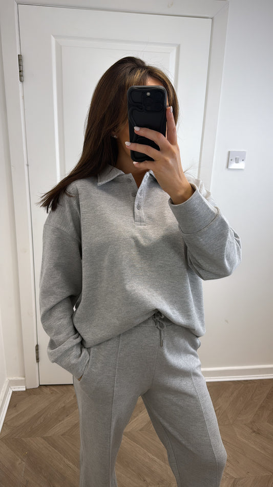 TEAGAN grey marl polo top and trousers lounge set
