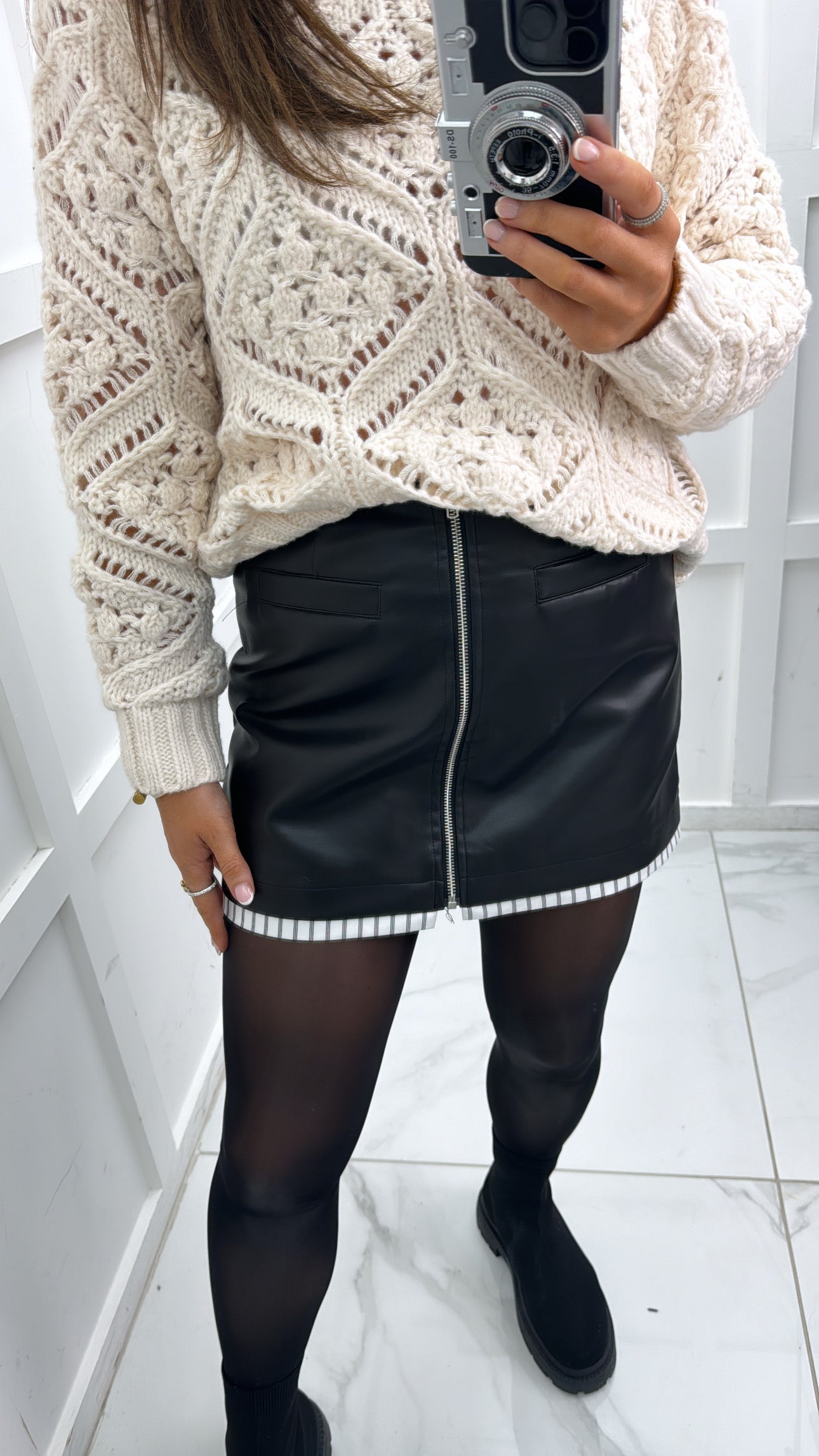 MICA black pu pin stripe detail mini skirt