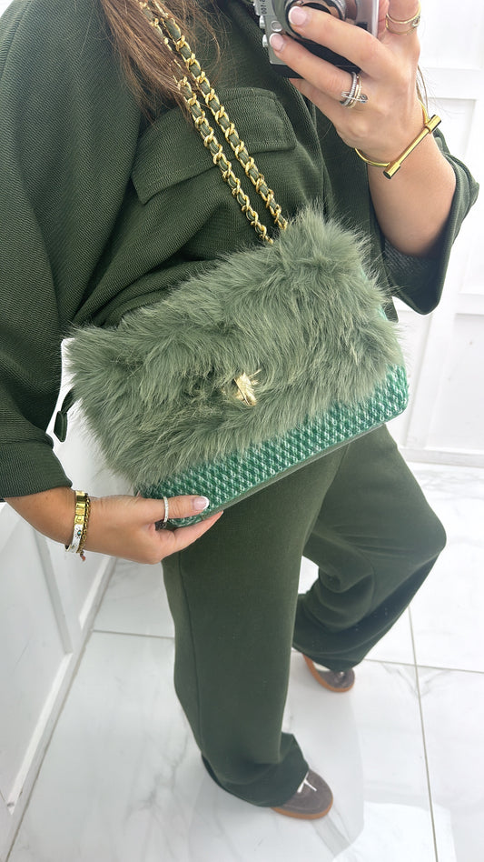 LOUISA green soft faux fur shoulder bag