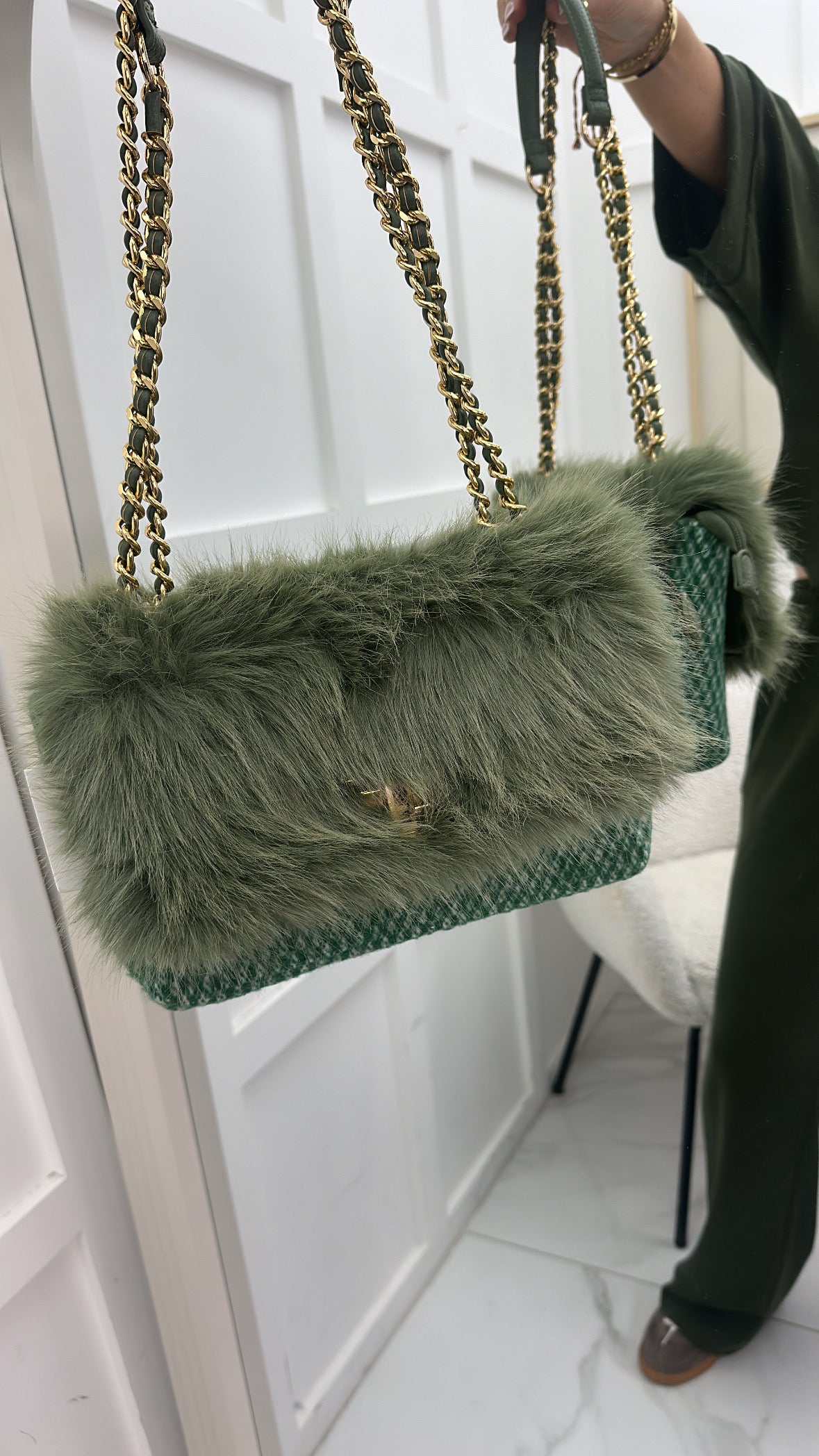 LOUISA green soft faux fur shoulder bag