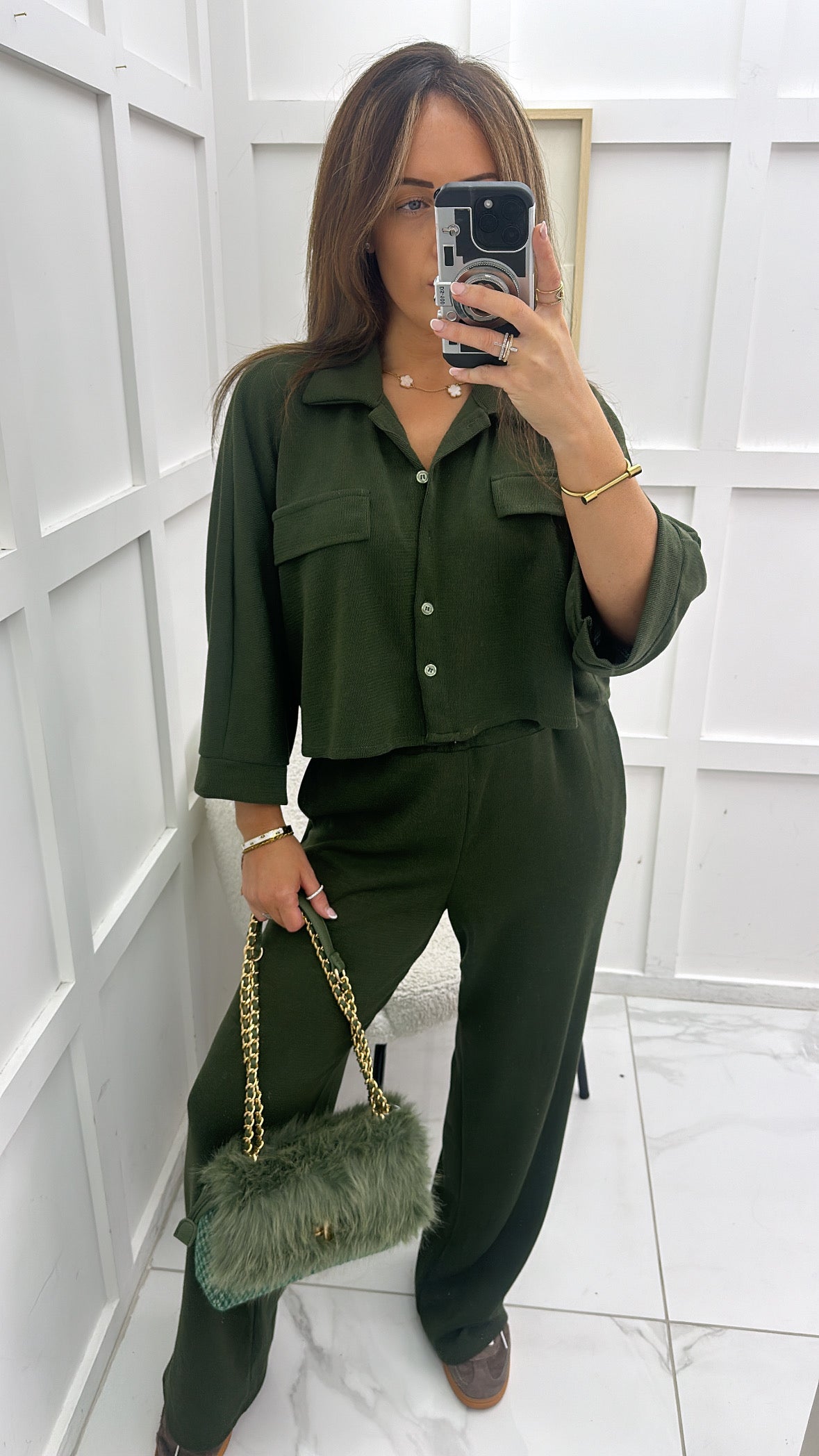 REBECCA khaki cropped top and wide leg trousers co-ord set