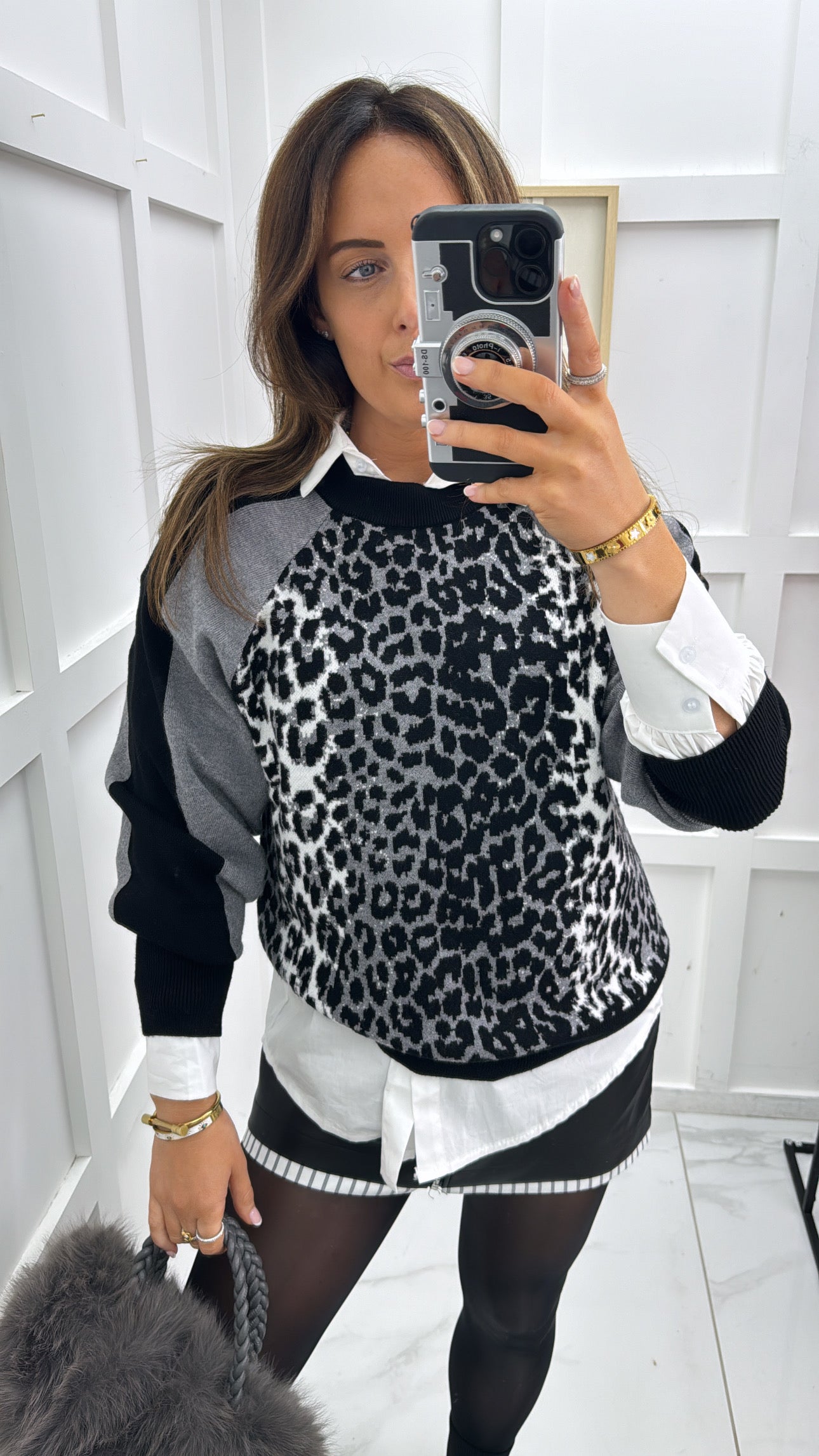 STELLA black and grey leopard print knitted jumper