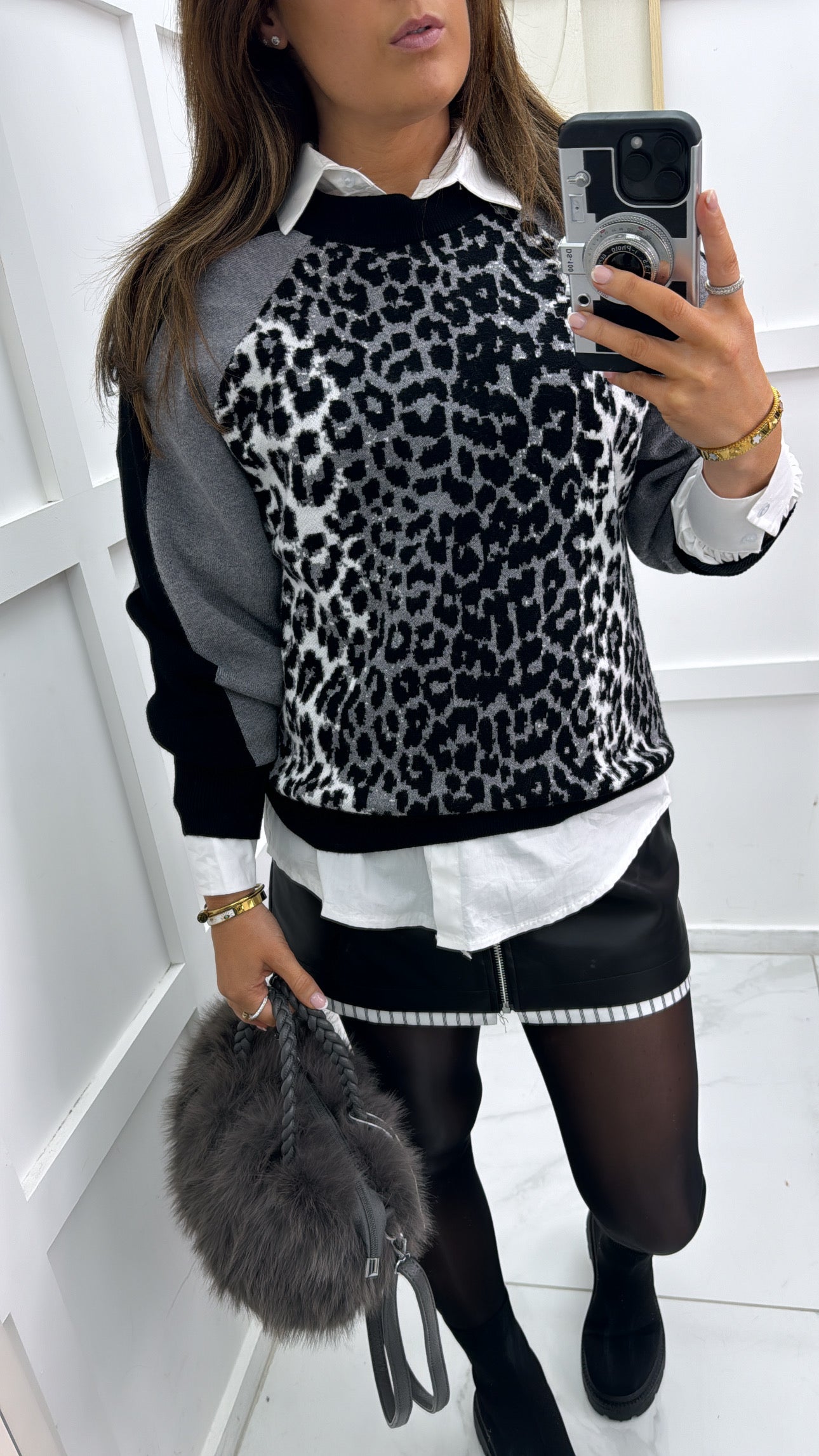 STELLA black and grey leopard print knitted jumper