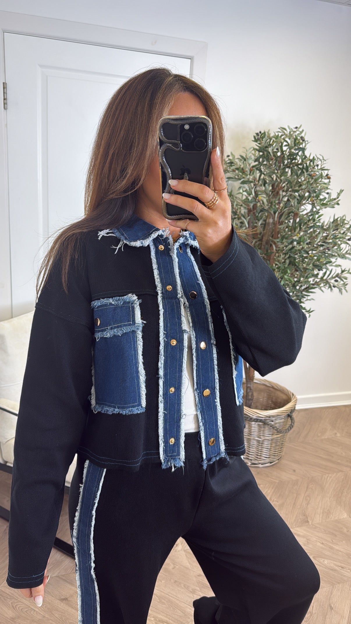 KARA black knitted denim contrast co-ord
