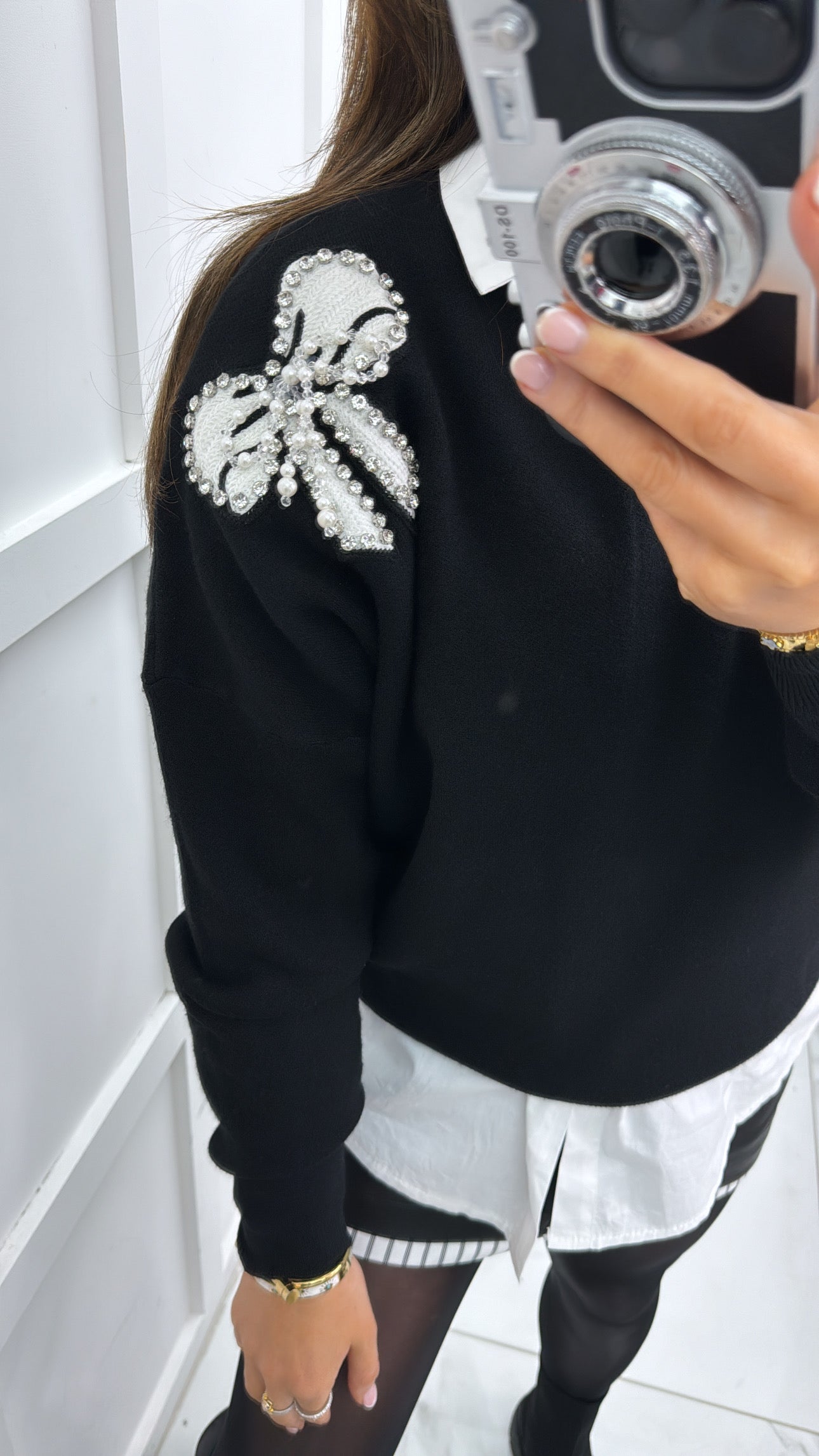 AUBREE black diamanté pearl bow detail jumper