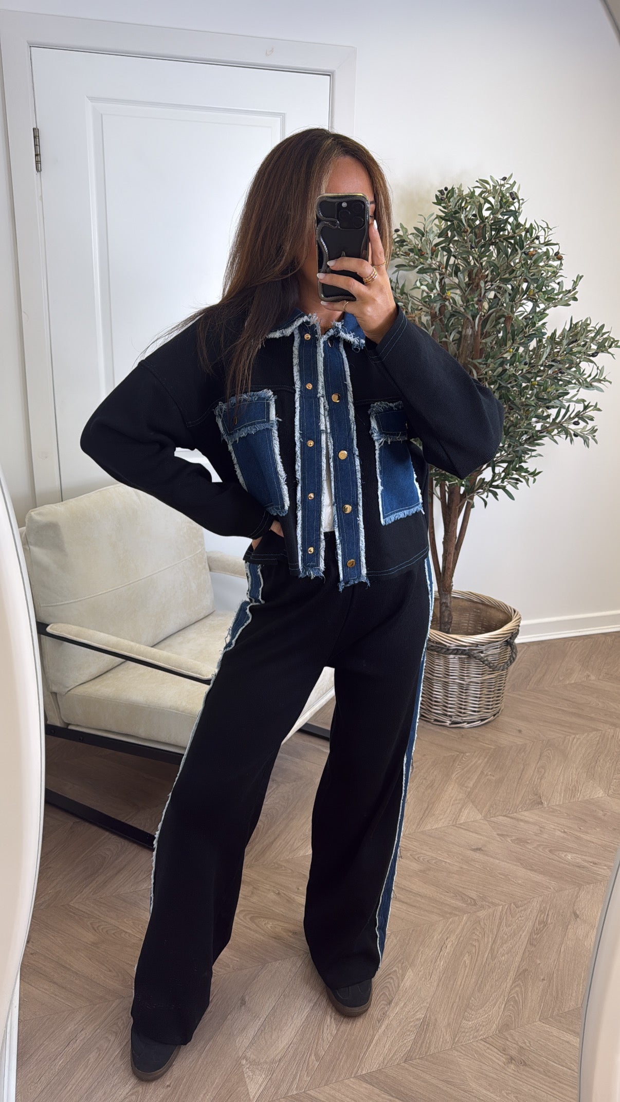 KARA black knitted denim contrast co-ord