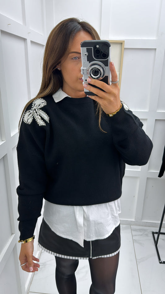 AUBREE black diamanté pearl bow detail jumper