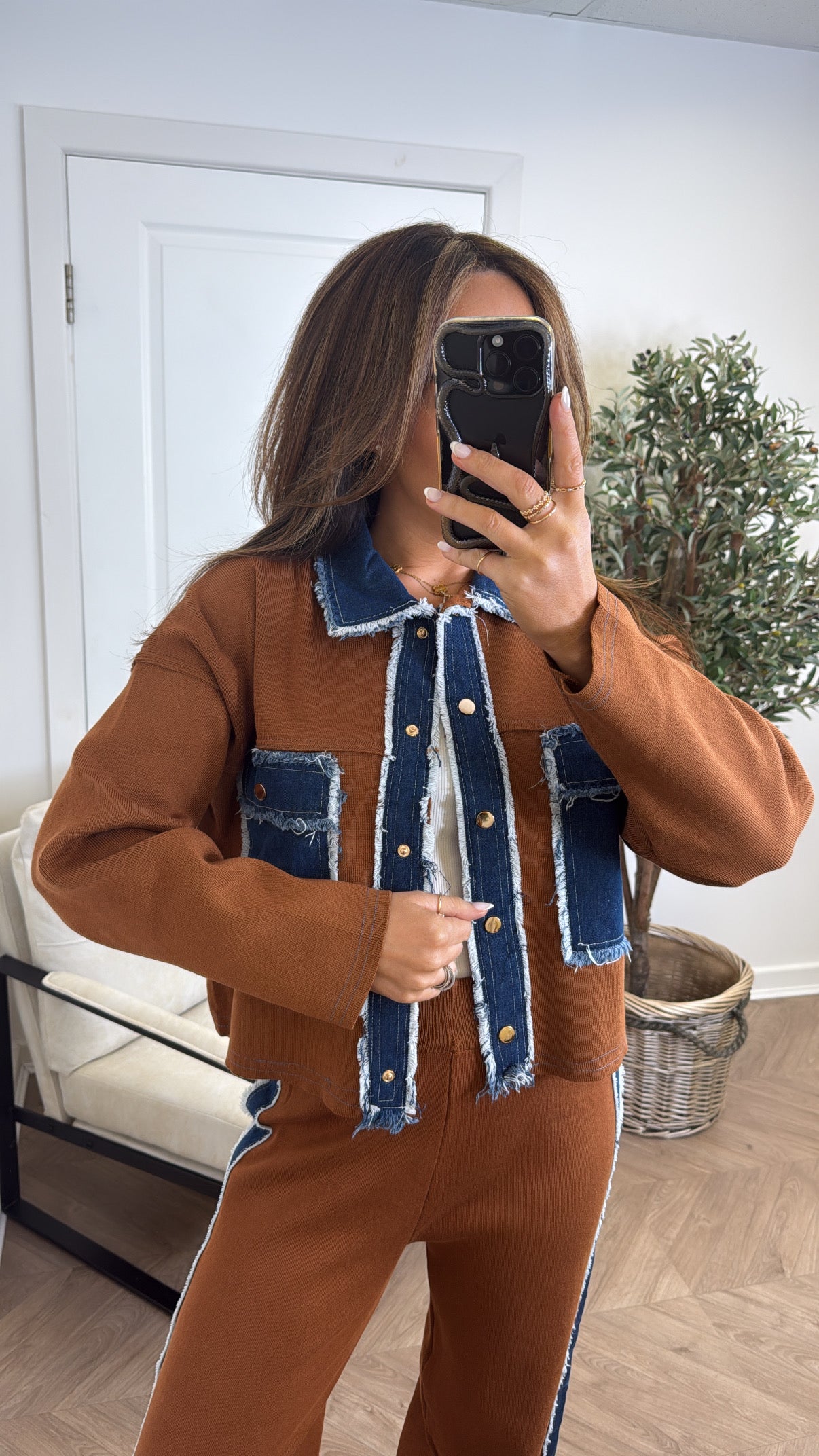 KARA brown knitted denim contrast co-ord