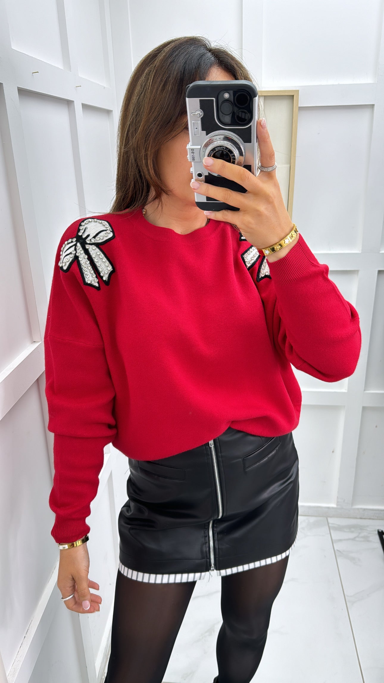 AUBREE red diamanté pearl bow detail jumper