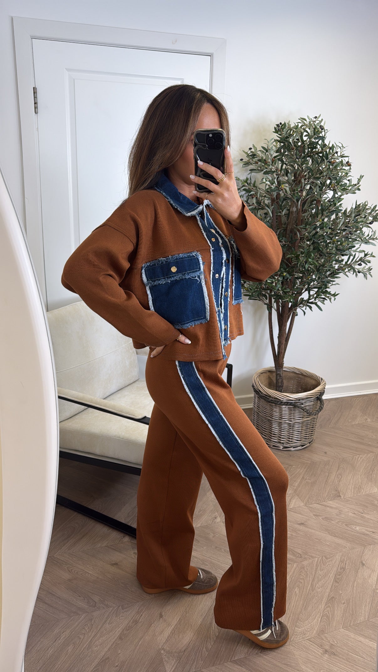 KARA brown knitted denim contrast co-ord
