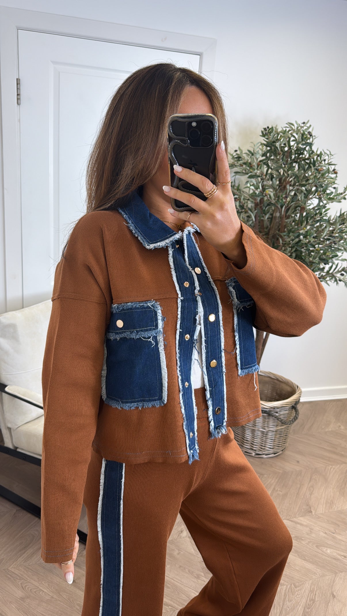 KARA brown knitted denim contrast co-ord