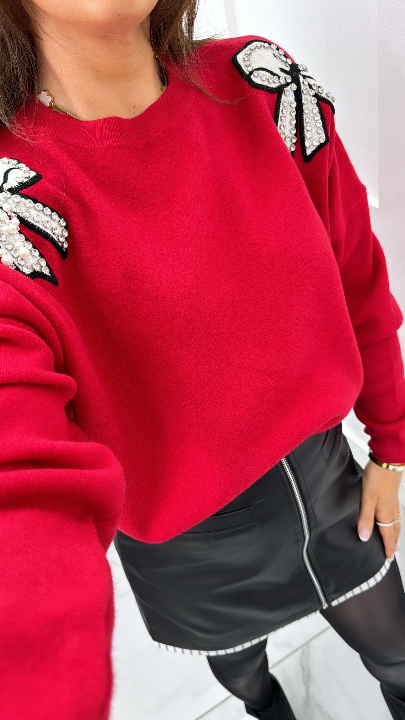 AUBREE red diamanté pearl bow detail jumper