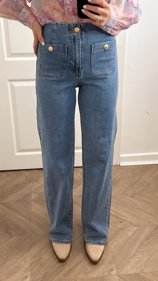 OPALINE blue denim jeans with gold buttons