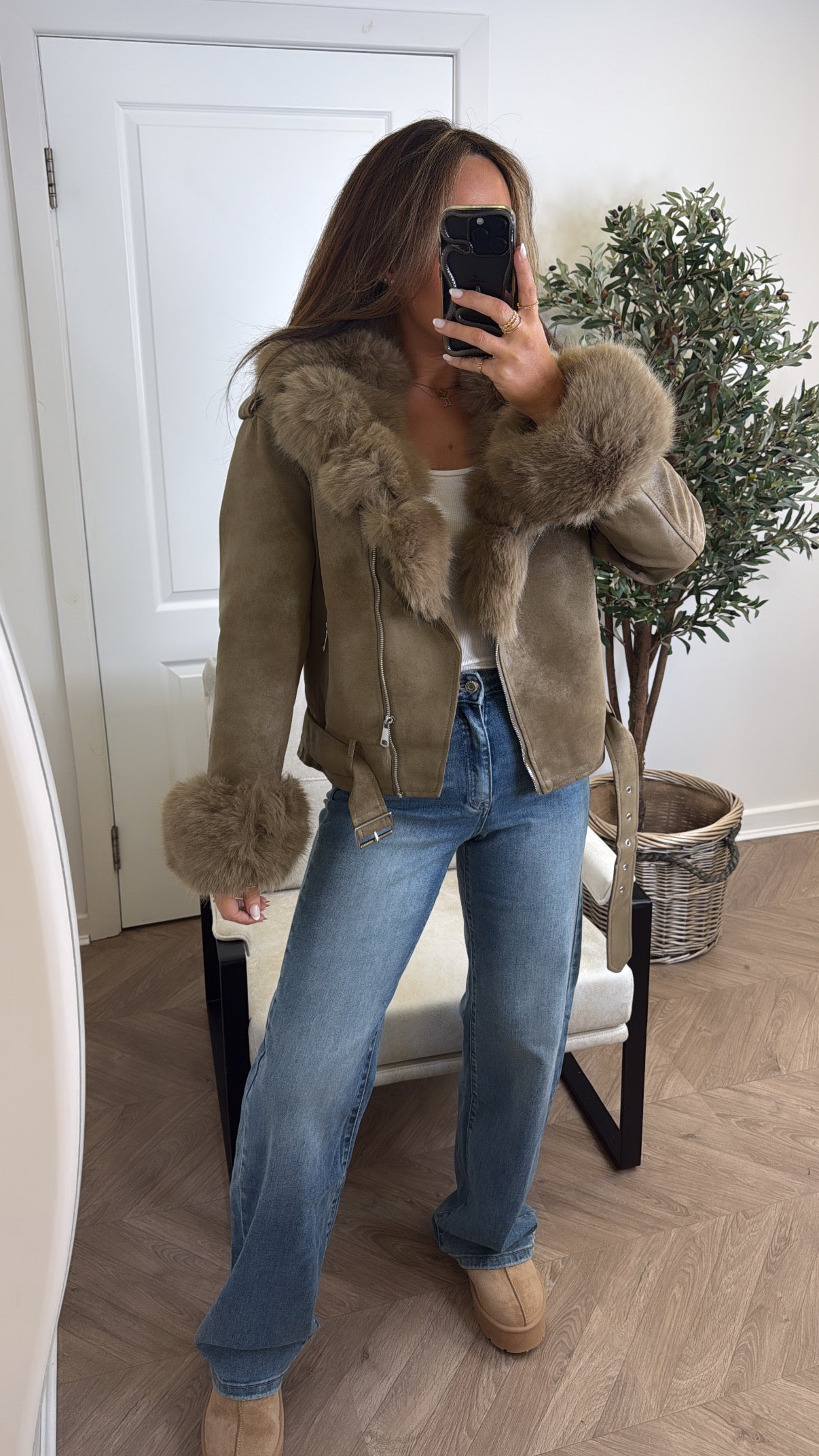 SAMANTHA mocha brown faux leather biker jacket