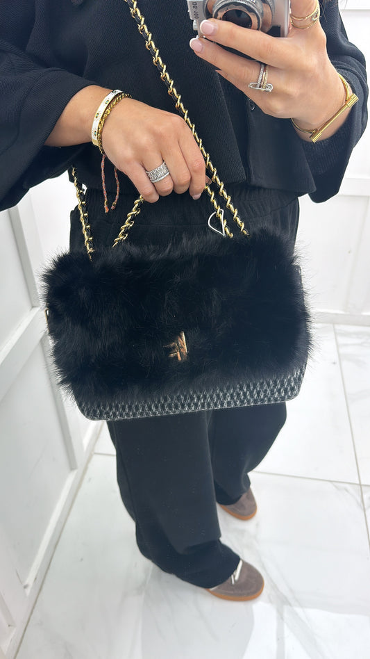 LOUISA black soft faux fur shoulder bag